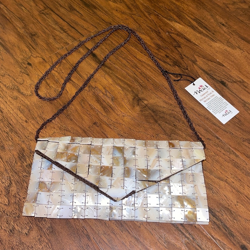 NWT Handmade Mother of Pearl and Natural Horn Purse With Beaded Strap